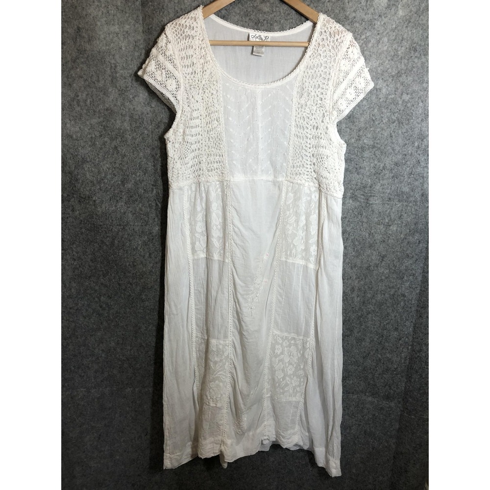 Lola P. Dress Womens XL White Crochet Lace Eyelet Boho Maxi Sundress Cotton